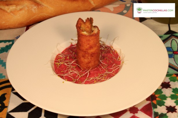 flamenquín espárragos con humus remolacha